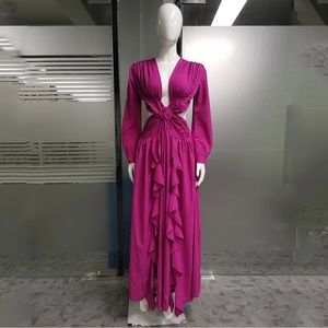 Woman Dress Cutout High Waist V-Neck pleated solid color pink Ruffled Dress